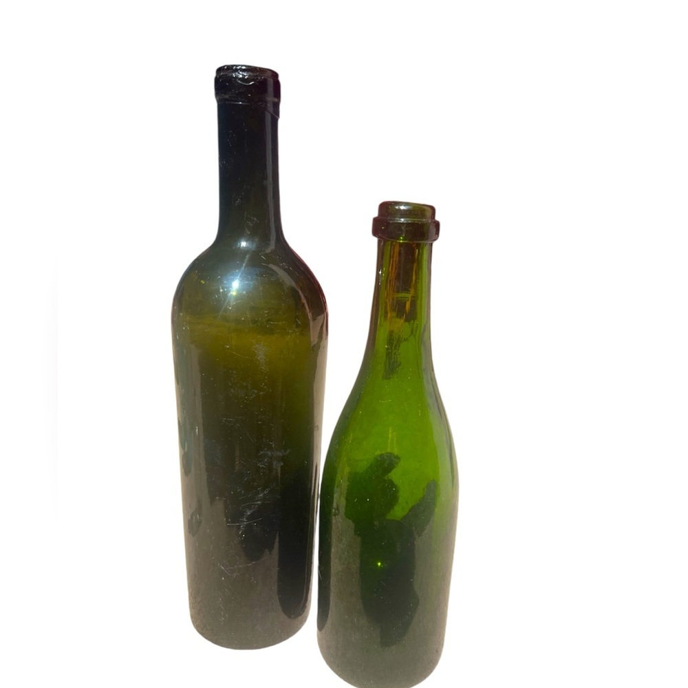 2 Antique Push-up BaseHand Blown Thick Green  Wine Glass Bottle Vintage
